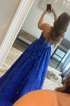 Royal Blue Sequin Prom Dress With Appliques For Evening Party