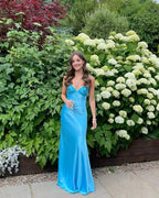 Vestido longo azul para baile sem costas Vestido de noite Y7516