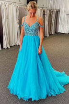 Sparkly Blue A Line Cold Shoulder Long Prom Dress
