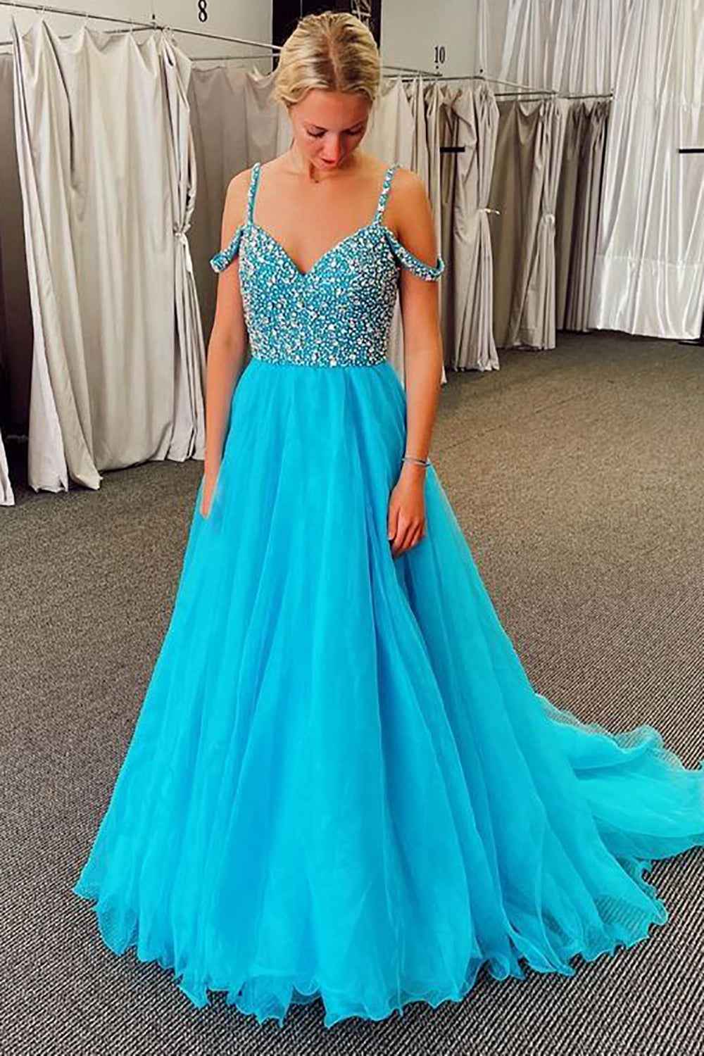Sparkly Blue A Line Cold Shoulder Long Prom Dress