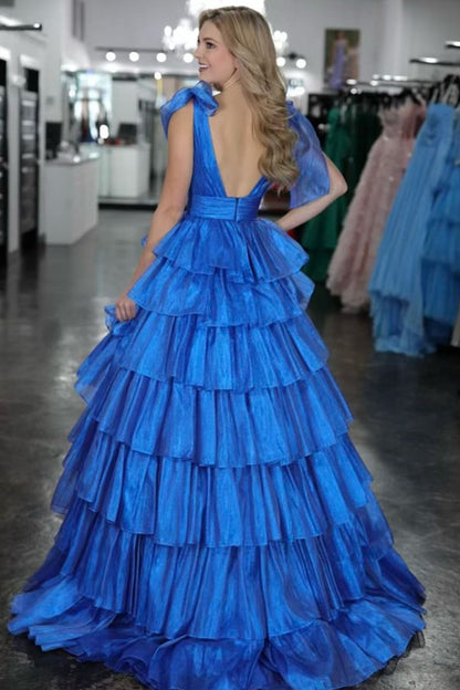 RGlitter Tie Straps Pink Plunging Neck Tiered Long Prom Dress