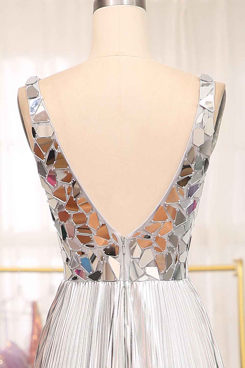 Sparkly A Line Deep V Neck Silver Polyester Prom Dress With Beading