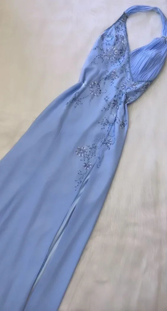 Abito lungo da sera a linea ad A con collo all'americana blu, elegante, decorato con perline, abito formale da festa Y7562