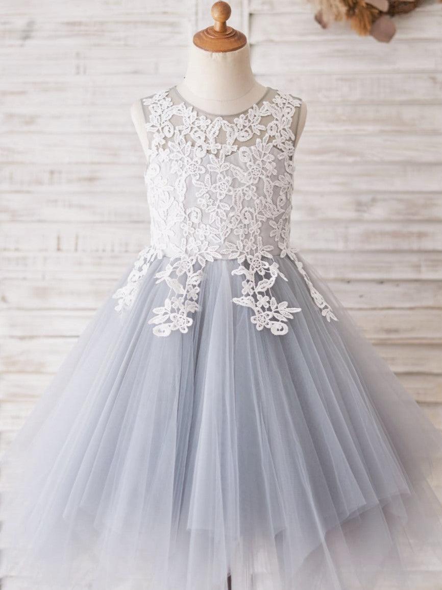 Blue Sweetheart Flower Girl Dress Lace Tulle Floor Length Sleeveless