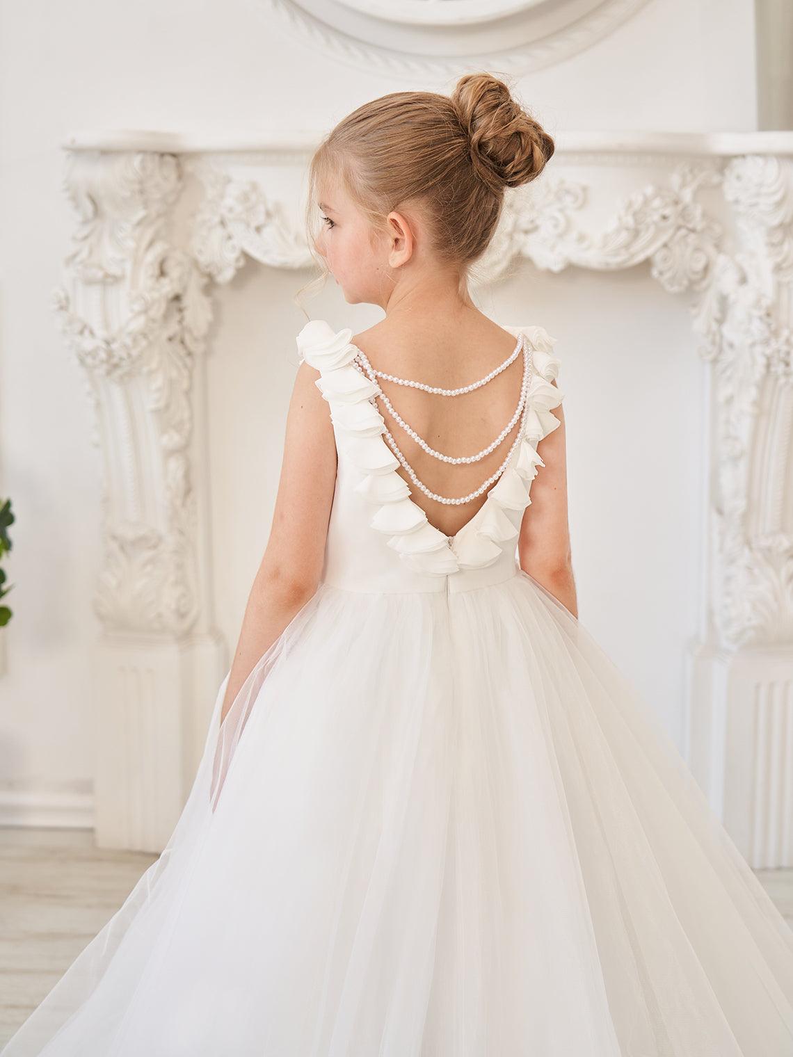 Elegant White Tulle Flower Girl Applique Lace Dress With Sweep Train