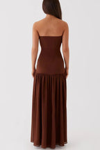 فستان ماكسي بدون أكتاف من الشيفون شبه الشفاف بتصميم الترقيع من إيدن