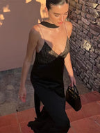 TARUXY Lace Splice Maxi Dresses For Women Sexy Deep V Neck Mesh Slim Dress Woman Temperament Clubwear Party Evening Dress Femme