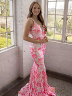 Bailey | Robe de bal sirène rose à col en V avec dentelle et paillettes