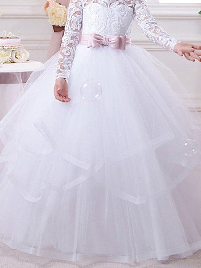 NumberSea - Ball Gown Cotton Long Sleeve Lace Tulle First Communion Flower Girl Dresses