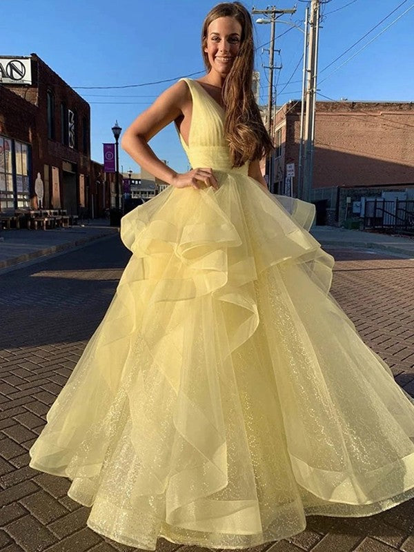 Robe de bal longue jusqu'au sol, col en V, volants, sans manches, en organza, robe de soirée