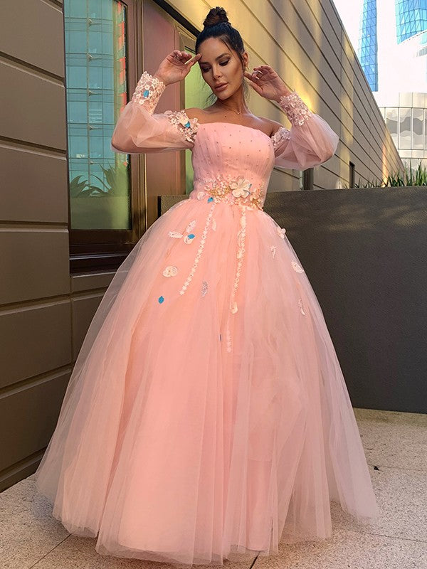 Abito da ballo con gonna ampia, fiori fatti a mano, tulle, maniche lunghe, scollo a barca, lungo fino a terra, abito da sera