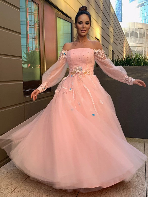 Abito da ballo con gonna ampia, fiori fatti a mano, tulle, maniche lunghe, scollo a barca, lungo fino a terra, abito da sera