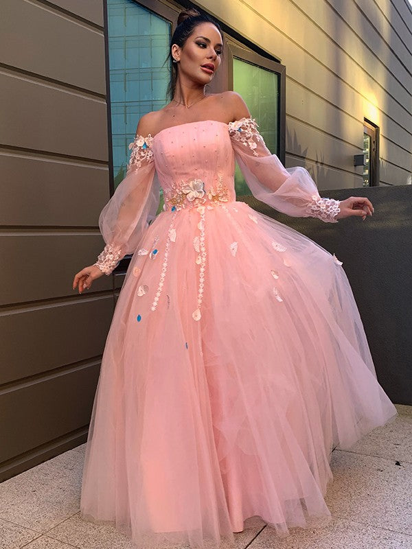 Abito da ballo con gonna ampia, fiori fatti a mano, tulle, maniche lunghe, scollo a barca, lungo fino a terra, abito da sera