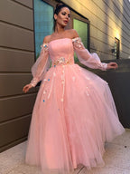Abito da ballo con gonna ampia, fiori fatti a mano, tulle, maniche lunghe, scollo a barca, lungo fino a terra, abito da sera