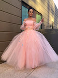 Abito da ballo con gonna ampia, fiori fatti a mano, tulle, maniche lunghe, scollo a barca, lungo fino a terra, abito da sera