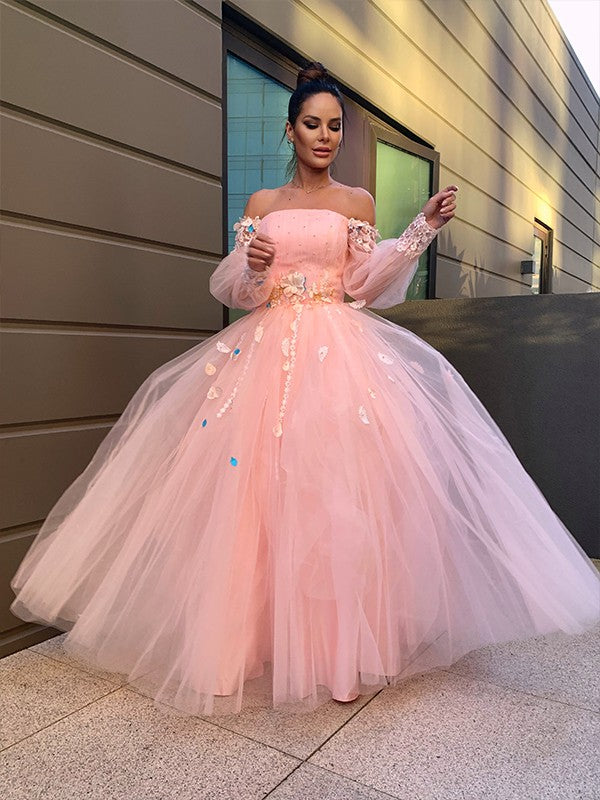 Abito da ballo con gonna ampia, fiori fatti a mano, tulle, maniche lunghe, scollo a barca, lungo fino a terra, abito da sera