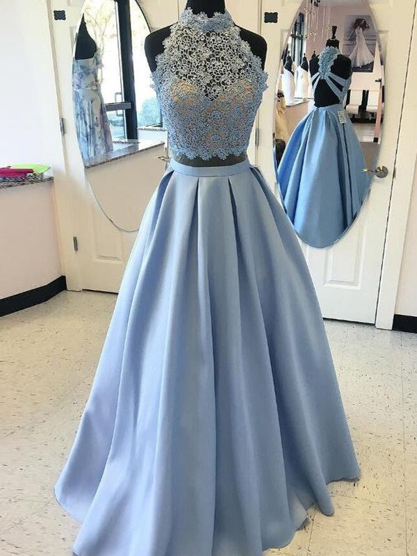 Robe de bal longue au sol sans manches à col montant en satin avec appliques, ensemble deux pièces