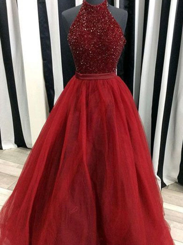 Robe de bal col montant sans manches longue jusqu'au sol ornée de perles en organza pour soirée