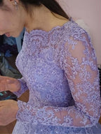 Abito da ballo con gioiello, maniche lunghe, lungo fino a terra, in pizzo e tulle per serate di gala