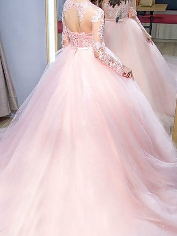 Abito da ballo lungo con maniche lunghe, pizzo e tulle, abiti da sera
