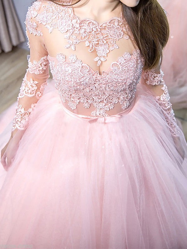 Abito da ballo lungo con maniche lunghe, pizzo e tulle, abiti da sera