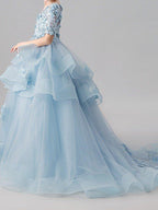 NumberSea - Ball Gown Jewel Neck Sweep Brush Train Pageant Flower Girl Dresses with Sleeves