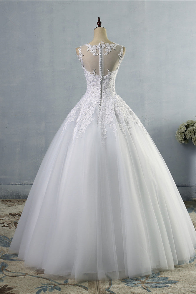 Ball Gown Jewel Tulle Lace Wedding Dress Sleeveless White Appliques On Sale