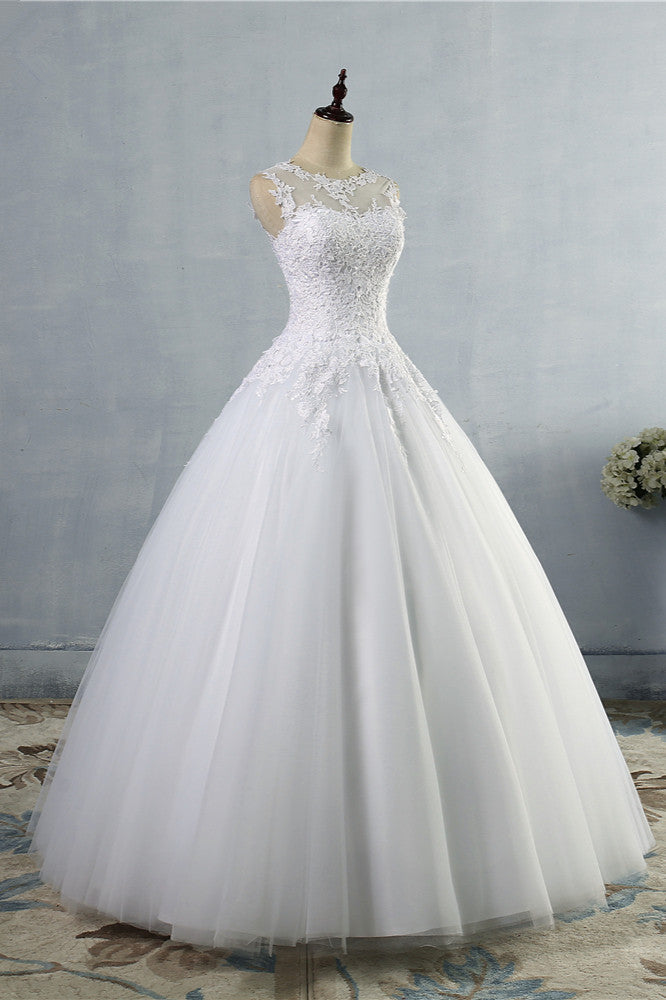 Ball Gown Jewel Tulle Lace Wedding Dress Sleeveless White Appliques On Sale