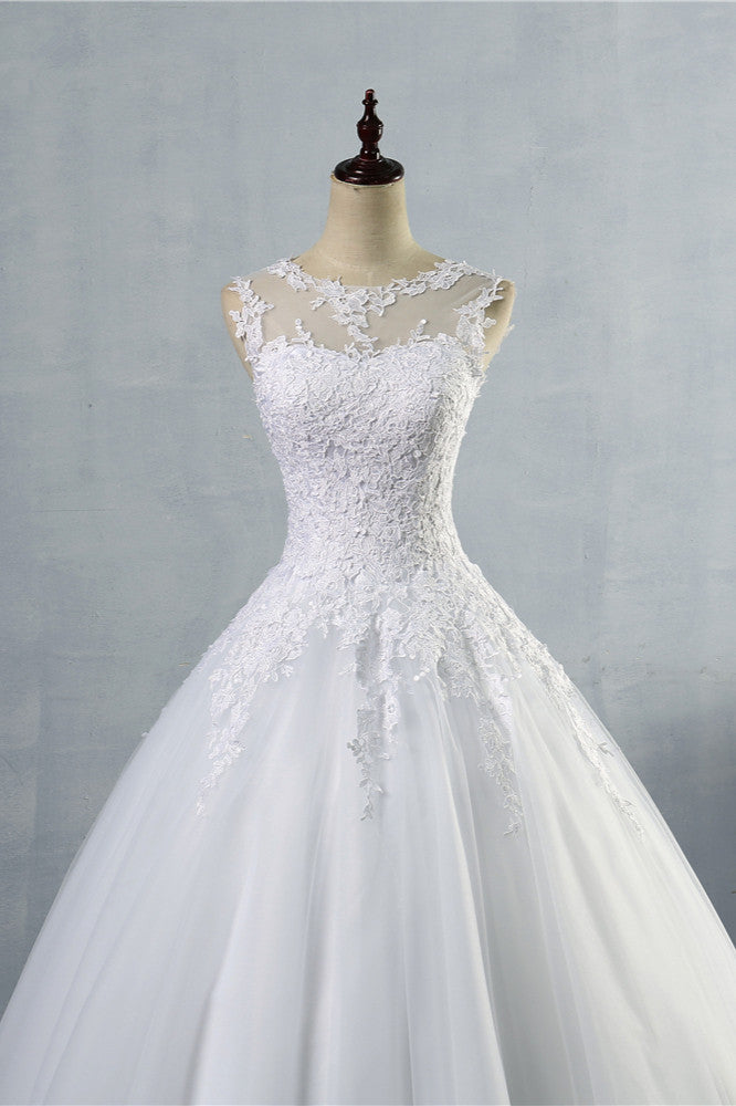 Ball Gown Jewel Tulle Lace Wedding Dress Sleeveless White Appliques On Sale