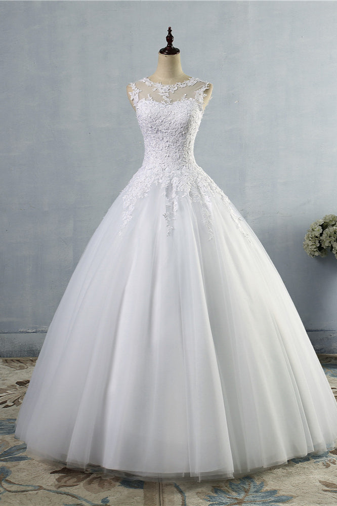 Ball Gown Jewel Tulle Lace Wedding Dress Sleeveless White Appliques On Sale