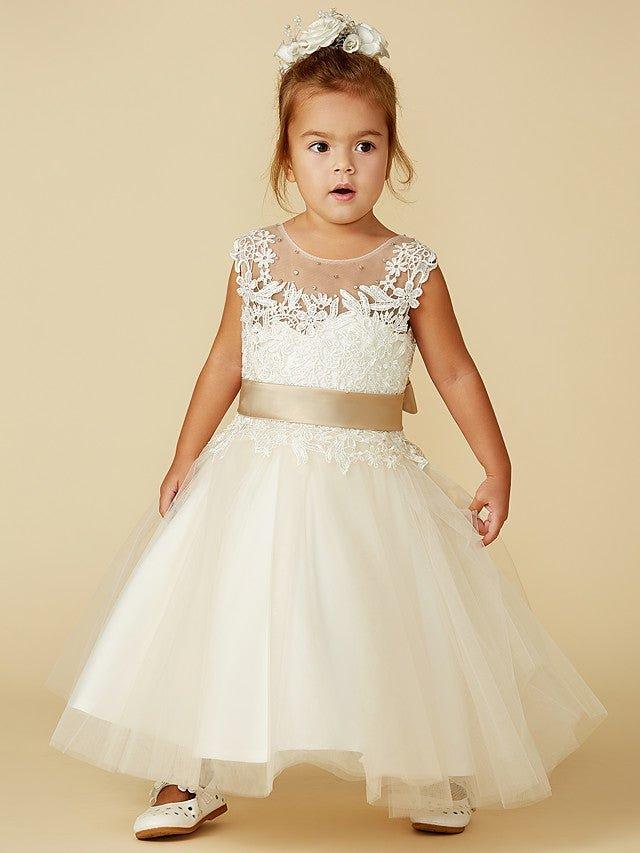 NumberSea - Ball Gown Lace Tulle Sleeveless Jewel Neck Wedding Party Pageant Flower Girl Dresses