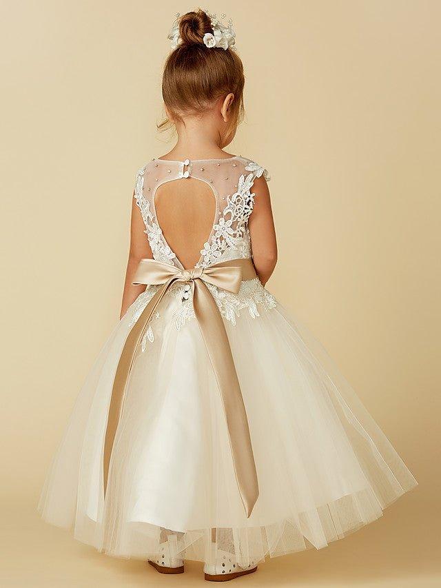 NumberSea - Ball Gown Lace Tulle Sleeveless Jewel Neck Wedding Party Pageant Flower Girl Dresses