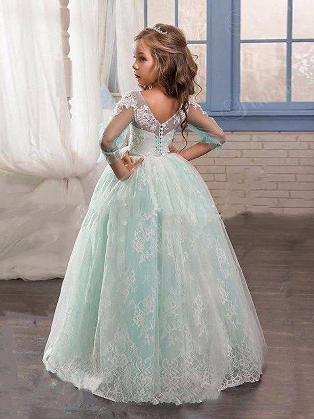 NumberSea - Ball Gown Lace Tulle Sweep Brush Train Wedding Party Flower Girl Dresses with Sleeves