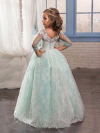 NumberSea - Ball Gown Lace Tulle Sweep Brush Train Wedding Party Flower Girl Dresses with Sleeves