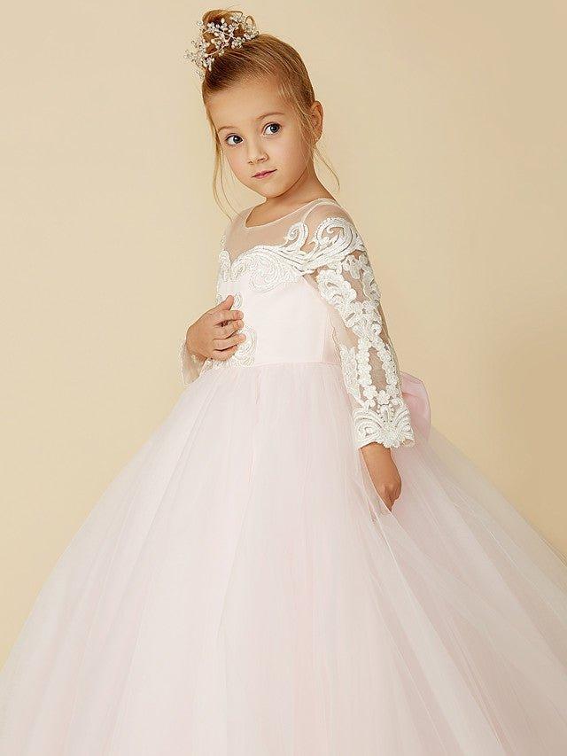 NumberSea - Ball Gown Lace Tulle Wedding Party Pageant Flower Girl Dresses with Sleeves