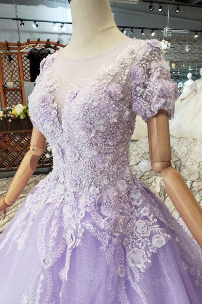 Vestidos de fiesta de manga corta color lila con encaje