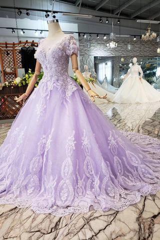 Vestidos de fiesta de manga corta color lila con encaje