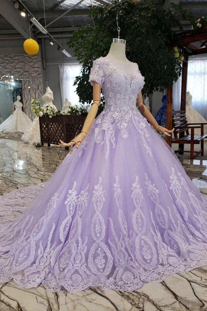 Vestidos de fiesta de manga corta color lila con encaje