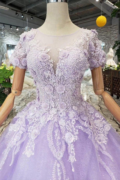 Vestidos de fiesta de manga corta color lila con encaje