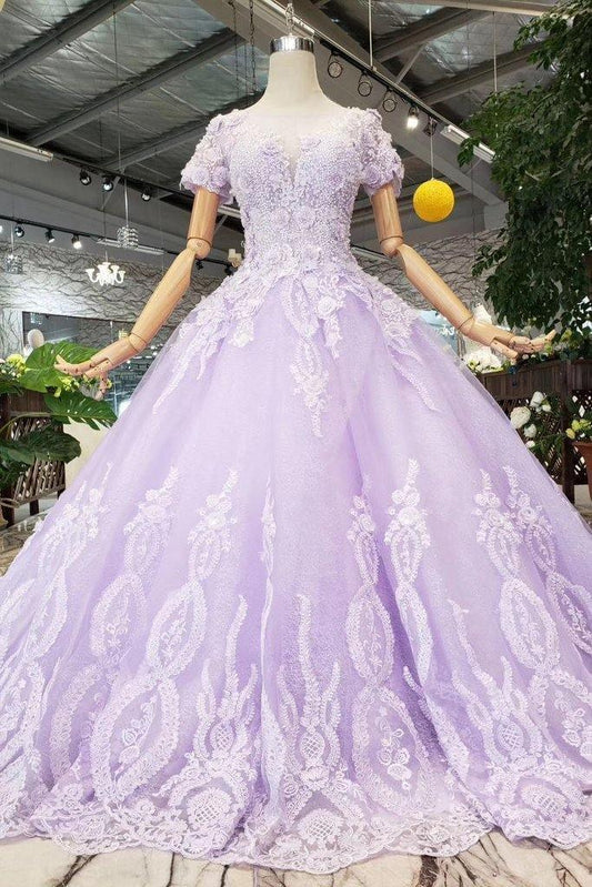 Ball Gown Lilac Short Sleeves Prom Dresses Wedding Dresses with Lace