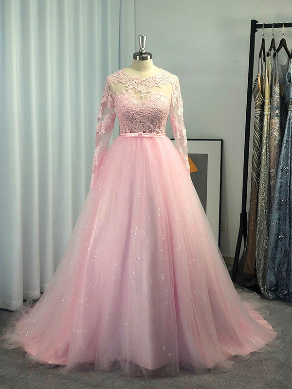 Abito da ballo lungo con maniche in tulle e pizzo, gioiello, abiti da sera