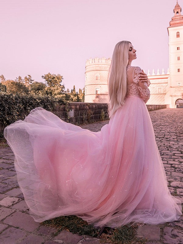 Abito da ballo lungo con maniche in tulle e pizzo, gioiello, abiti da sera