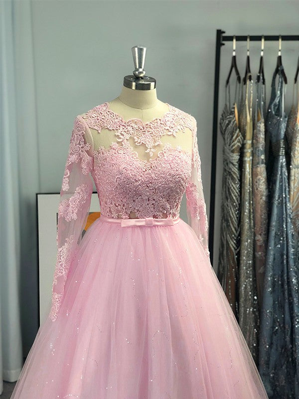 Abito da ballo lungo con maniche in tulle e pizzo, gioiello, abiti da sera