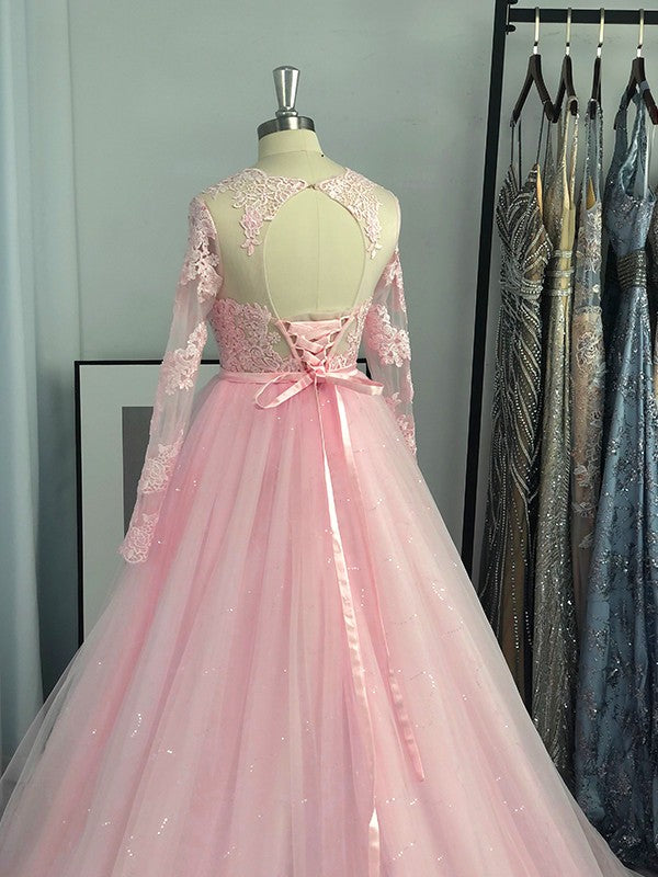Abito da ballo lungo con maniche in tulle e pizzo, gioiello, abiti da sera