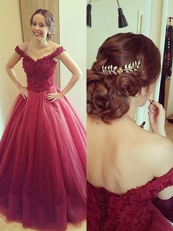 Robe de bal bustier à épaules dénudées avec appliques, sans manches, longue en tulle pour bal de fin d'année