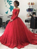 Abito da ballo con scollo a barca, maniche lunghe, pizzo, tulle, strascico da corte, abito da sera