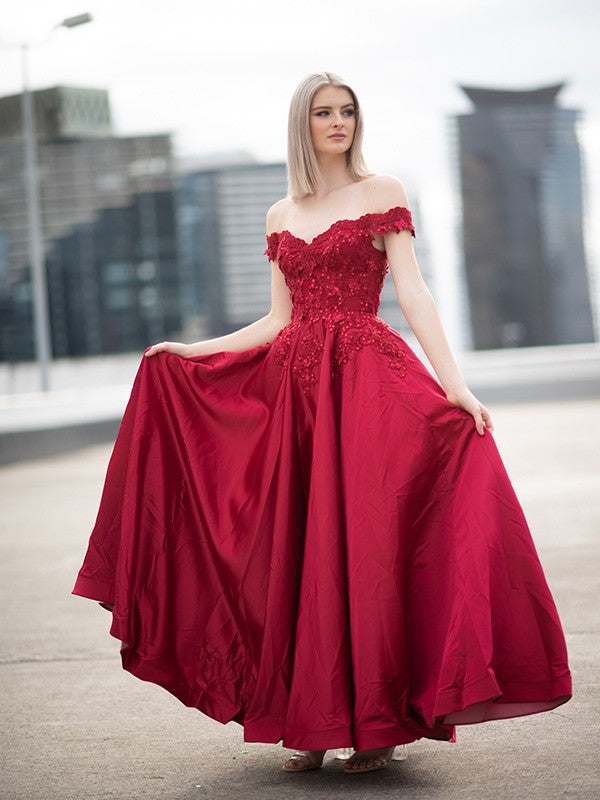 Ball Gown Off-the-Shoulder Satin Applique Sleeveless Floor-Length Prom Dresses