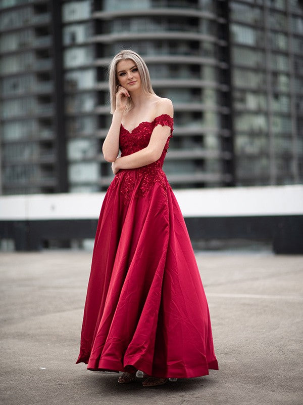 Ball Gown Off-the-Shoulder Satin Applique Sleeveless Floor-Length Prom Dresses