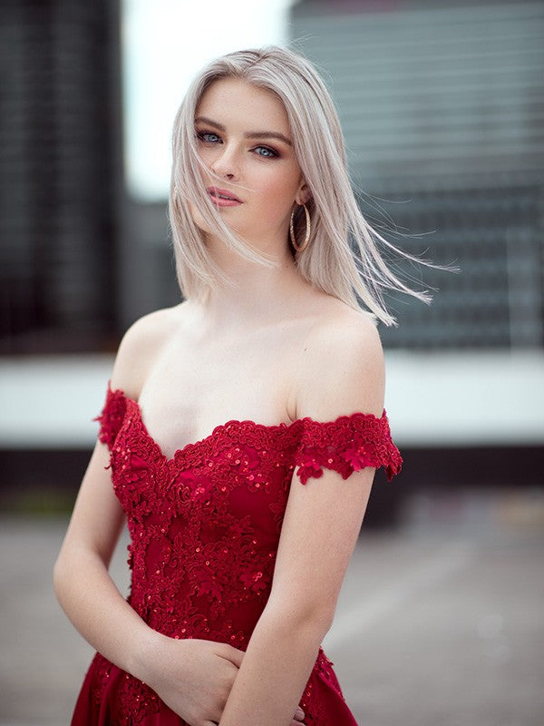 Ball Gown Off-the-Shoulder Satin Applique Sleeveless Floor-Length Prom Dresses