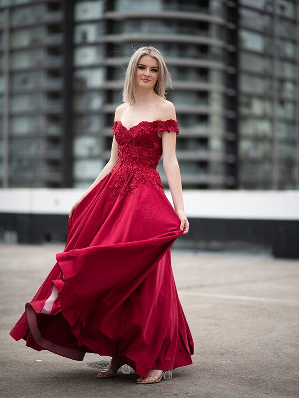 Ball Gown Off-the-Shoulder Satin Applique Sleeveless Floor-Length Prom Dresses